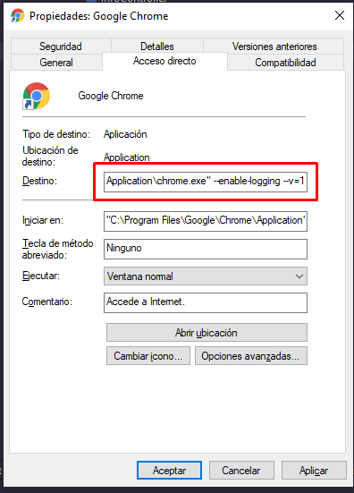 Ventana Propiedades Google Chrome
