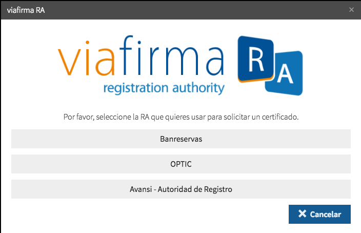 viafirma RA - seleccionar RA