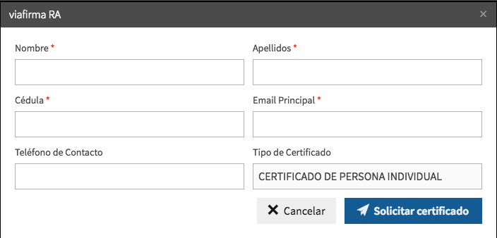 viafirma RA - solicitar certificado